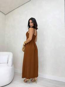 Long Dress Simple Elegant Casual Button Split Side Slit Women Wedding - 鏽棕色 - 查看 3