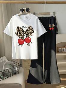 2 件青少年女孩樱桃豹纹印花套装，短袖喇叭裤柔软 2 件套，夏季休闲装，女孩套装 - 彩色 - 查看 2