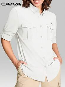 Cavva 女式速干防水钓鱼衬衫，轻盈透气，网状纹理，略宽松版型，可变换卷起袖子，2 个魔术贴胸袋，鱼竿固定贴片，可调节纽扣袖口，户外徒步休闲