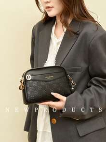 low tea 复古荔枝压纹斜挎包，复古 PU 皮革单肩包，女士百搭手提包和钱包 - 黑色 - 查看 5