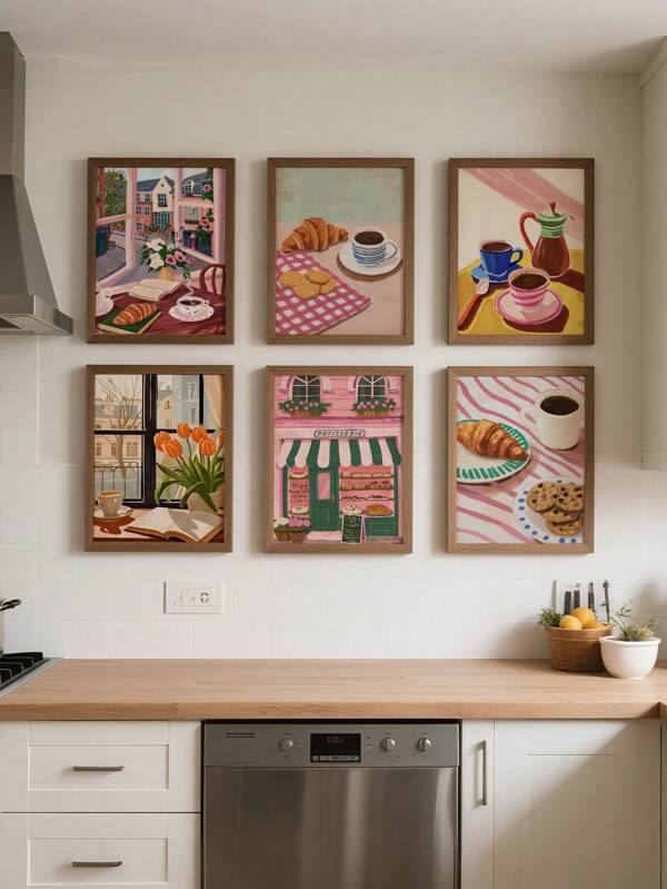 6 pièces d'art mural de pâtisserie, images suspendues de café, affiches sur canevas de croissants, impression d'afternoon tea, décoration murale de boutique de desserts pour la cuisine. Cadeau d'ouverture de magasin sans cadre.