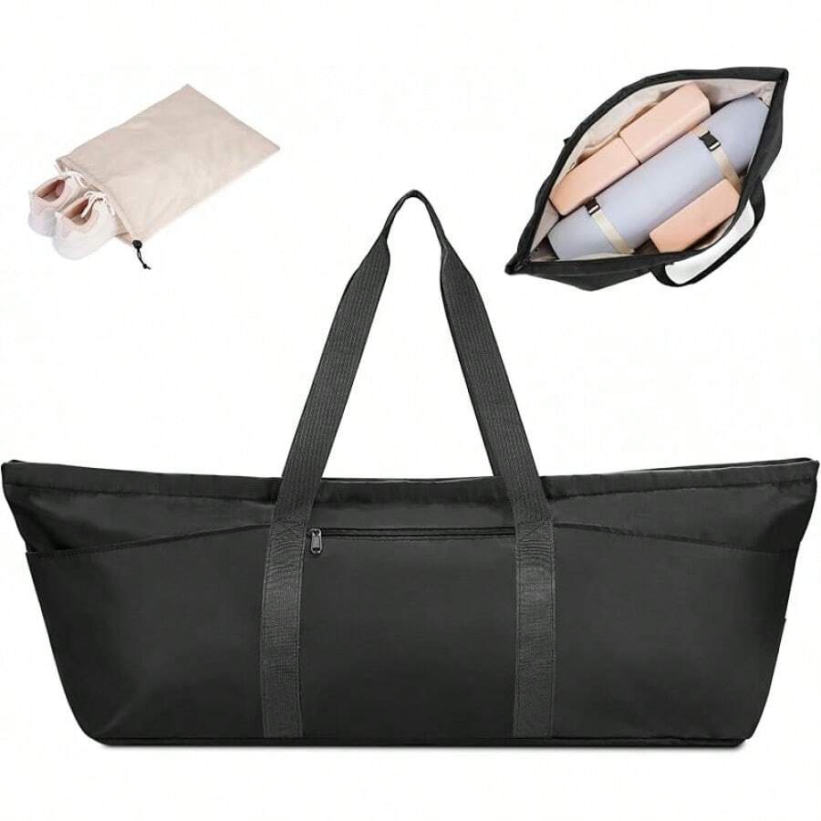 Bolsa para tapete de yoga con compartimento para zapatos y bolsillo húmedo, bolsa de gimnasio para pilates para mujeres y hombres con correa para sujetar el tapete de yoga, accesorios para entrenamiento - Negro - Ver 1