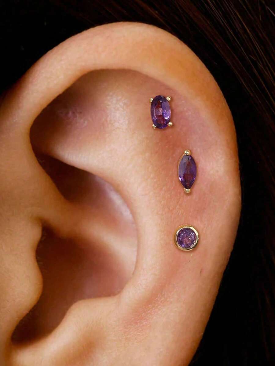 Amethyst Flat Back Labret Earring Set 16G Amethyst Cartilage Helix Earrings Tragus Earrings Conch Earring Stacking Earrings