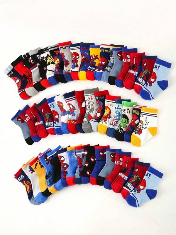 Disney 20/10/5/1 Pair Spring/Summer Thin Kids/Children Socks, Cool Superhero Spider-Man//Letter Print, Skin-Friendly Soft Comfortable Breathable Fashion Versatile Crew Socks, Suitable For Holidays Gift/Back To School/Outdoor Sports/Travel/Daily Matching (Random Color And Style)