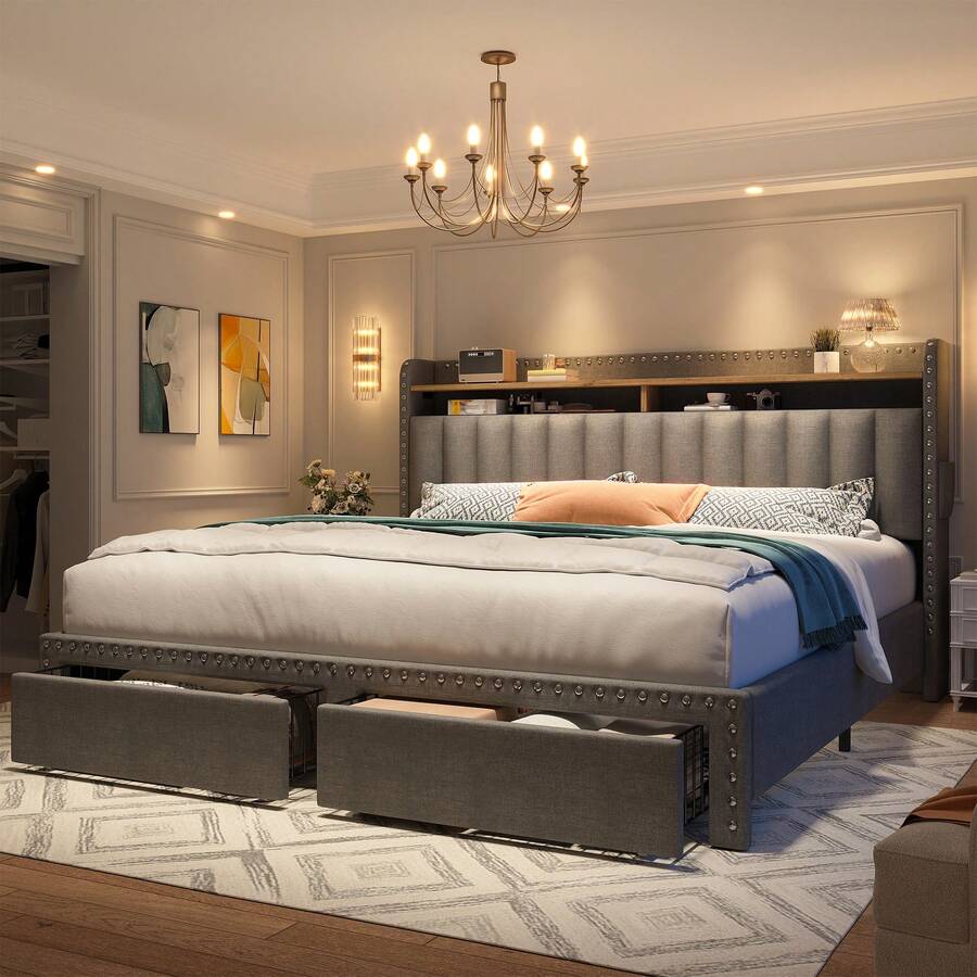 Queen/King Bed Frame With 2-Tier Storage Headboard & 2 Storage Drawers, Upholstered Platform Bed Frame , Sturdy Wooden Slats Support, Noise-Free, No Box Spring Neededcama Queen, Dark Grey - Xám - Xem 1