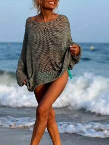 Women'S Plus Size Sexy Hollow-Out Loose Vacation Beachwear Knit Coverup With Pockets, Long Sleeves, And Round Neckline
