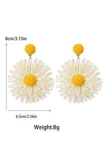 2pcs/Set Handmade Woven Raffia Daisy Flower Drop Earrings For Women, Fashionable & Sweet, Suitable For Summer Beach Style