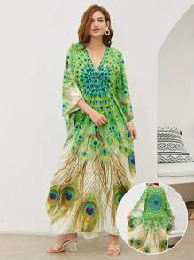YI XUAN Women's Plus Size V-Neck Peacock Print Beach Dress, Boho Vibrant Green, Peacock Open Screen Print Design, 3/4 Sleeves, Summer Vacation Loose Dress Cover