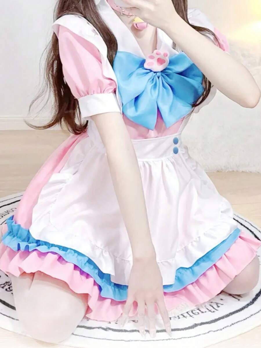 1pc Ruffle & Bow Decor Maid Costume Dress & 1pc Apron Halloween - Pink - View 1