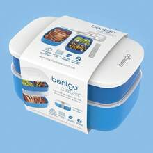 Clásico - Caja Bento para Adultos, Caja de Almuerzo Apilable de 3 Compartimentos con Juego de Cubiertos Desmontable y Correa de Sellado, Libre de BPA, Contenedor de Alimentos para Preparación de Comidas, Trabajo y Viajes (Gris) - Azul - Ver 8