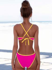 2pcs/Set Pink With Contrast Yellow Trim Beach Swimwear Vacation Summer - Yellow Edge Of Foundation - View 2