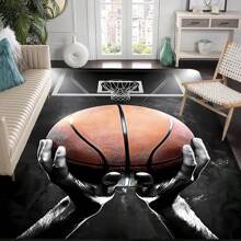 1 pieza Alfombra con diseño de patrón de baloncesto, alfombra de arte moderno, fibra de poliéster, base antideslizante, lavable a máquina, uso versátil interior/exterior, decoración del hogar para sala de estar, dormitorio, comedor, camping