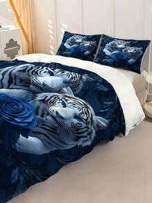 2/3件套羽绒被套床上用品，白虎玫瑰叶图案床罩套装，房间装饰，含1个羽绒被套和2个枕套，特大号床罩，床单，柔软亲肤涤纶，可机洗，干洗。适用于家居和卧室装饰，卧室装饰，房间装饰用品，爱狗人士的最佳礼物