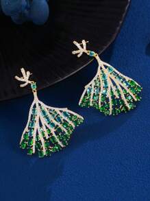 1 pereche de cercei lungi placați cu aur, cu zirconiu cubic verde și albastru, cu design de fustă, pentru femei, accesorii pentru nuntă, logodnă, banchet, petrecere, bal, pentru mirese, domnișoare de onoare, prietene, cadou pentru fiice