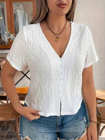 Women's Elegant White V-Neck Short Sleeve Shirt, Button Detail Design - Solid Color, Special Fabric Texture, Fashionable Casual Women's Blouse, Summer Casual Top, Suitable For Adults