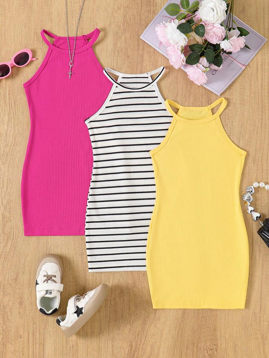 3pcs Set Girls Ribbed Stripe & Solid Color Comfortable Slim Fit Sleeveless Halter Dress - Yellow - View 1
