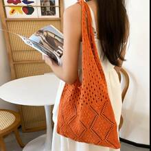 Women's Knitted Large Capacity Tote Bag, Solid Color Hollow Diamond Pattern Shoulder Bag, Fashion Foldable Easy-To-Store Shopping Bag, Blue/Orange Handbag, 100% Polyester, Beach Style, Suitable As Gift For Women