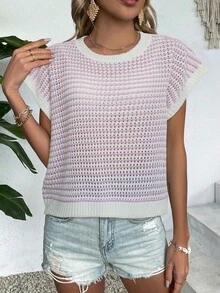 Elegant Striped Color Block Round Neck Cap Sleeve Pointelle Hollow Out Knit Top Sweater Vest Regular Loose Soft Casual Chic Style For Spring Summer Fall Vacation Beach Christmas Valentine's Day - 淺粉色 - 查看 6