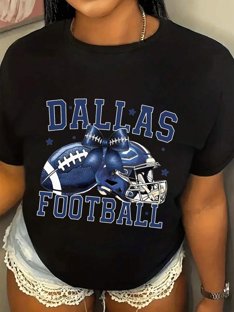 Plus Size Women Dallas Football Graphic Print Cotton T-Shirt Black With Blue Lettering Breathable Comt Fit Short Sleeve Round Neck Casual Tee Sports Fans Machine Washable Casual Attire Sporty Look Relaxed Fit Shirt Women Size L-3XL 4XL 5XL - 黑色 - 查看 1
