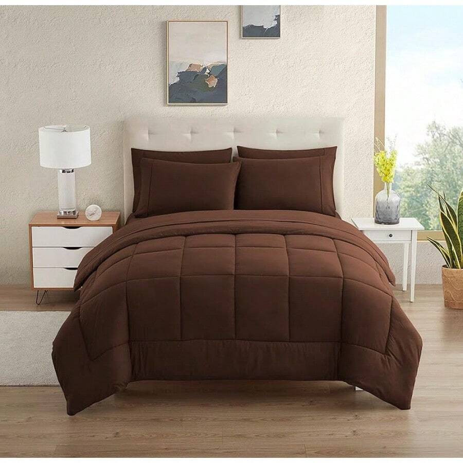 JIANGTAO-Dorm Room Essentials College Bedding Comforter Set 5 Piece Twin XL Size Bed In A Bag For College Students Boys And Girls, Twin XL, Navy Blue - 巧克力棕 - 查看 1
