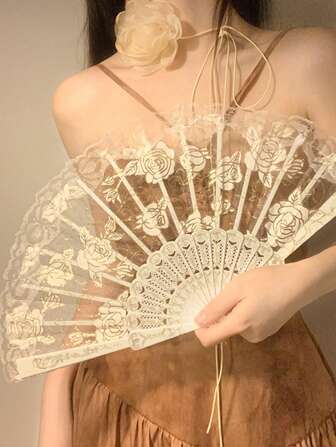 1 st fransk vintage spets tofs vikbar handfläkt, bärbar för sommaren, lämplig för dans