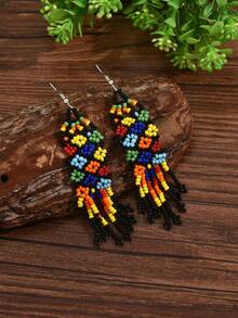 1 对波西米亚风编织流苏珠花耳环（珠子颜色随机）