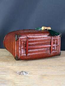 竹编中国红压岁钱信封钱包，复古风格竹制手提包，带流苏吊坠 - 紅色 - 查看 6