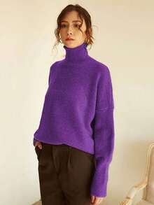 Knit Mix 女士高领宽松针织毛衣，适合秋冬季节，加厚长袖套头衫，复古风格，时尚百搭，适合圣诞节、新年、情人节、开学季等场合。 - 紫色 - 查看 6