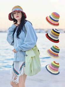 قبعة دلو من القش المنسوج قابلة للتنفس قطعة واحدة للنساء بطراز عتيق، حماية من الشمس على الشاطئ، ذات حافة واسعة قابلة للطي للخارج والسفر، لاستخدام يومي - قبعة - مشاهدة 9