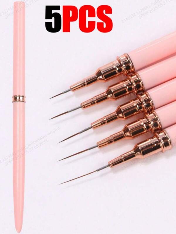Set de 5 pinceles profesionales para decoración de uñas, 5 pinceles pequeños para técnicas de diseño de esmalte, línea fina y rayas, con longitudes de Body de 7/9/11/15/20mm, lápiz para dibujar en uñas (Rosa)