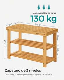 SONGMICS Banco Zapatero, Organizador para Zapatos de Bambú, 28.x 70.1 x 45.3, para Sala de Estar, Dormitorio, Natural MLBS04N 1BSH - Marrón - Ver 5
