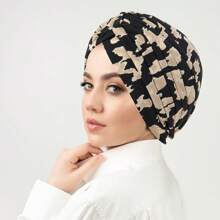 1PC Fashionable Versatile Feather Metallic Gold Print India-Style Head Wrap Turban, Cancer Chemo Hat For Hair Coverage