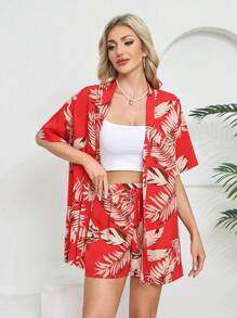 2pcs Women Summer New Casual Printed Vacation Style Cardigan And Shorts Set, Suitable For Home Wear