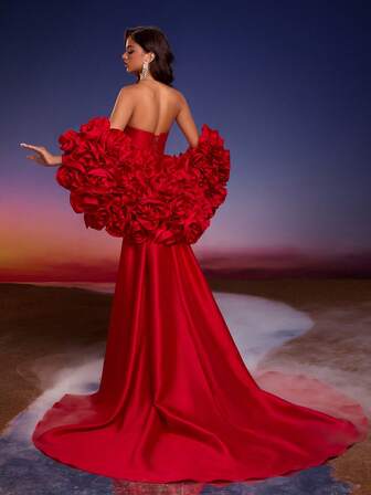 Anymoon 女士奢华手工花卉装饰正式晚礼服，带拖尾婚纱，适合正式场合、派对和婚礼活动