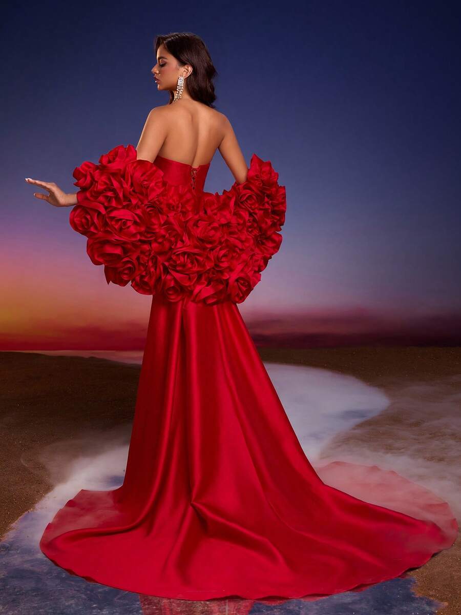 Anymoon Women's Luxury Handmade Floral Decor Formal Evening Gown/Wedding Dress With Train, Suitable For Formal Occasions, Parties And Weddings Spring Party