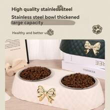 Stainless Steel Double Bowl Pet Dog Food Bowl, Cute Bow Design Cat Feeding Bowl, Dual Use For Food And Water