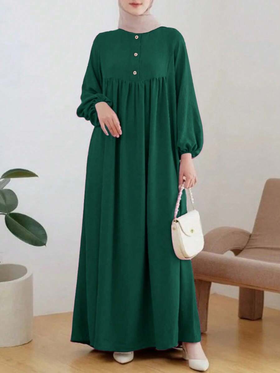 Women's Casual Round Neck Puff Sleeve Loose Dress - Dark Green - View 1