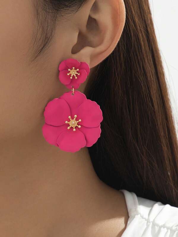1 par de pendientes asimétricos de casquillo con diseño floral multicapa y colorido, pendientes de metal como regalo para una cita