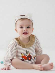 Baby Girl Fall Bubble Romper Stripe Print Strawberry Embroidery Long Sleeve Ruffled Round Neck Jumpsuit - Orange - View 4