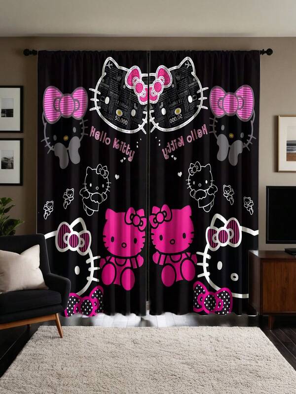 Sanrio 2 Pcs Sanrio Themed Black Hello Kitty Pattern Semi-Sheer Curtains - Made Of Polyester, With Rod Pocket Design For Easy Hanging, Cartoon Print Curtain Suitable For Bedroom, Office, Living Room, Home Decor