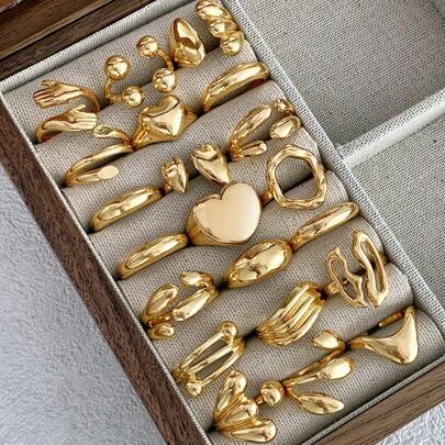 Set de regalo de 10 anillos metálicos con forma de corazón geométrico, aptos para el uso diario o fiestas de mujeres, sin caja (estilos variados)
