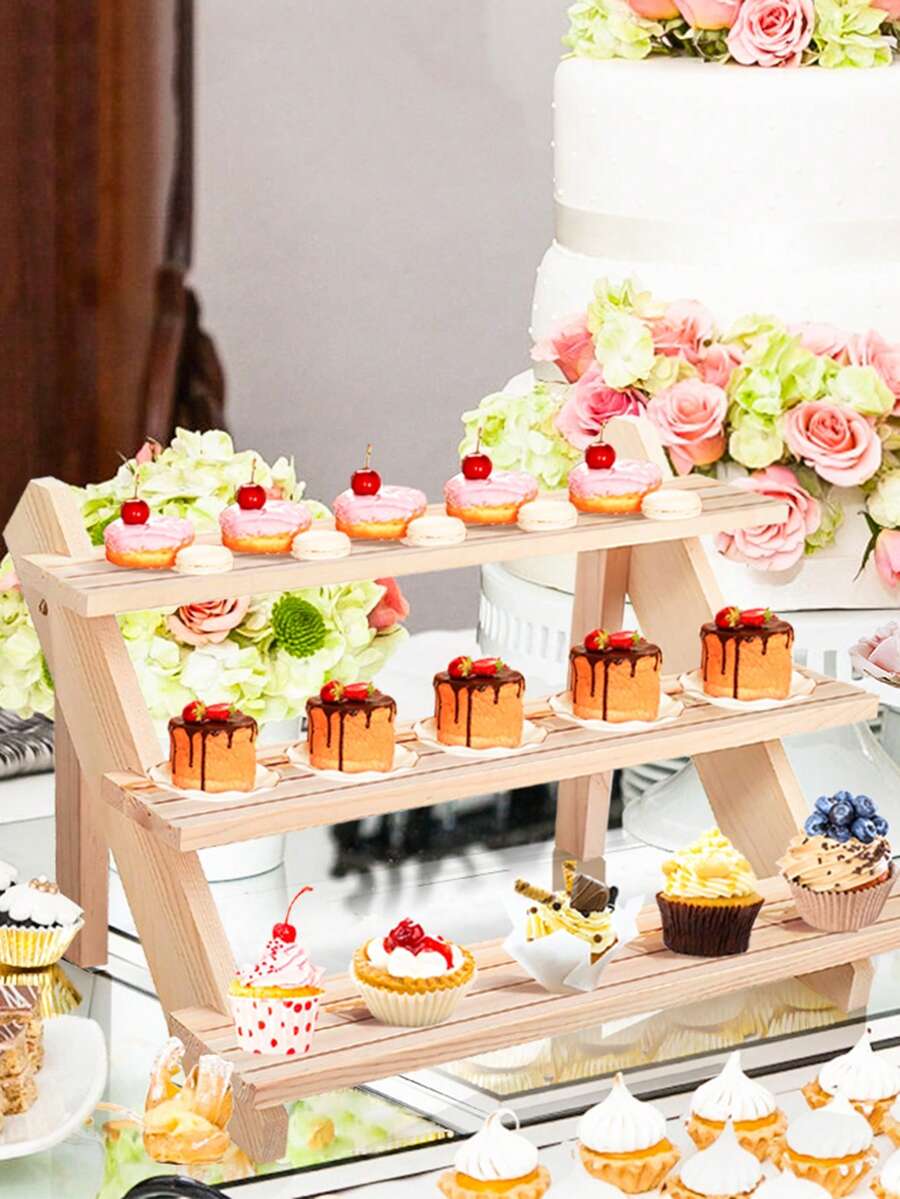 1pc Wooden 3-Tier Candy Lollipop Stand, Wedding Birthday Party Decor Display Rack - Beige - View 1