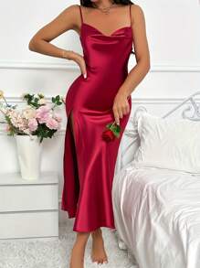 1pc Women's Elegant Solid Color Slip Dress With Slit, Sexy Spaghetti Strap, Lightweight And Soft Sleepwear For Homewear, Vacation