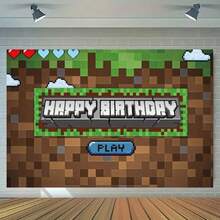1 件像素风格生日派对背景横幅，适用于生日派对、蛋糕桌横幅、拍照亭、卡通游戏派对背景装饰用品礼品