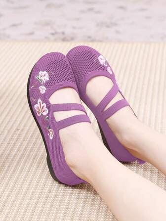 女士新款刺绣针织平底鞋，软底一脚蹬休闲舒适轻便平底鞋，4 种颜色可选