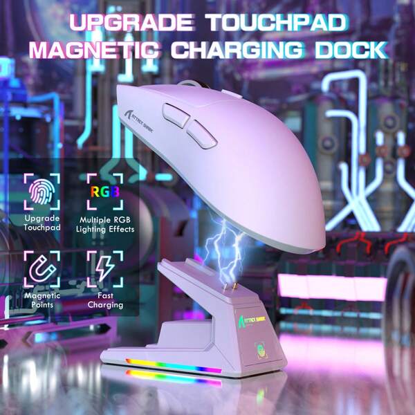 ATTACK SHARK X1 Souris de jeu sans fil avec dock de charge RVB, capteur PAW3395 PRO jusqu'à 40K PPP, 53g ultra-léger en mode tri, fréquence de rapport de 1 kHz, 5 boutons programmables pour ordinateur WIN/