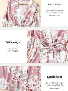 3 Piecesfloral Print Robe Set (With Belt), Pajamas Set, Home Wear Set, Comfortable And Skin-Friendly Back To School - Multicolor - View 6