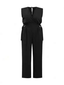 FASHION MIX PREMIUM Elegant Long Jumpsuit Tailored With Detail At The Waist And V-Neckline Plus Size Women's Fits 46 To 50 - 黑色 - 查看 9