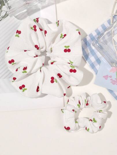 2pcs/Set Spring/Summer Bohemian Style Knitted Cherry & Beige Sweet Big Hair Scrunchies, Multi-Size Combination Hair Accessories, Soft, Elastic, Damage-Free Hair Ties, Suitable For Countryside, Beach Scrunchy Hair Ties, Cute Accessories Ponytail Head Accessories Elastic Band