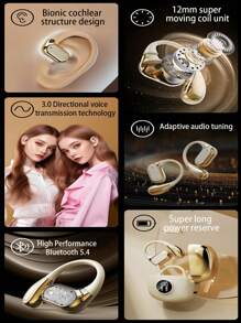 STSEarConect 1 Pc Golden Earhook Design LED Digital Display Wireless Sports Headset, 5.4 Bluetooth Headset, Wireless Operation, With ENC Noise Reduction Microphone, 3D Deep Bass On-Ear Headphones, Sports Earbuds, Business, Music, IPad, Laptop, IOS, Android Users, Gifts For Family, Friends Birthday, Spring, Boyfriend, Girlfriend, Holiday, Smooth Wireless Earbuds With LED Display - Touch Control, Hanging Ear Headphones, Wireless Earbuds Sports Music Games